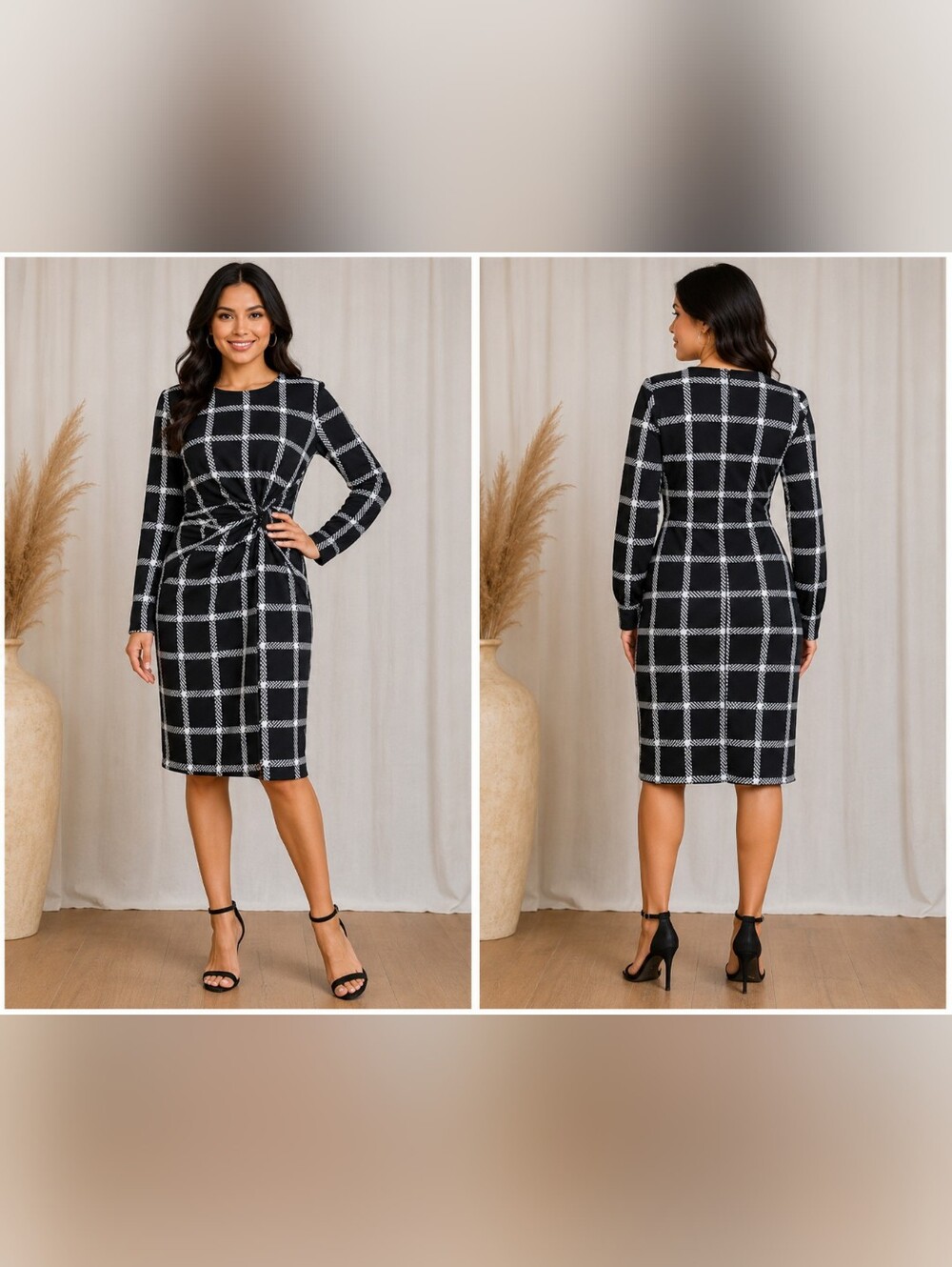 Elegant Black and White Checkered Dress(#A20)